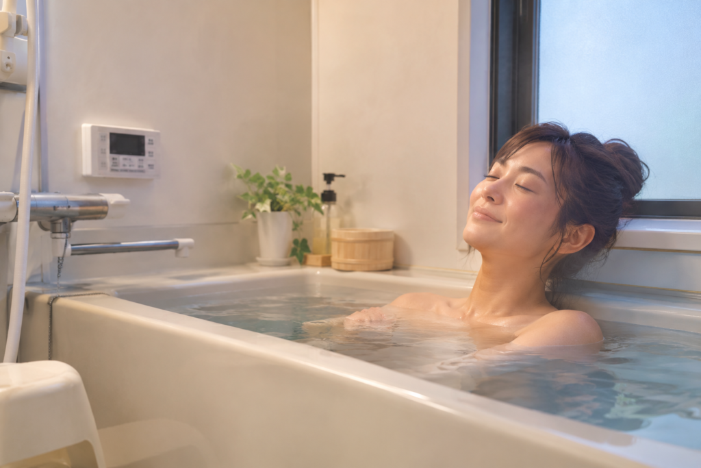 40度くらいのお湯が張られた清潔感のある浴室で、湯船に浸かってリラックスしている女性の様子。