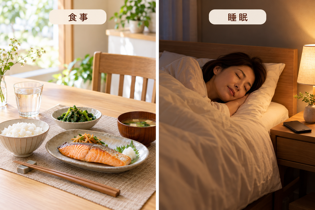 焼き鮭や野菜を取り入れたバランスのよい食事と、落ち着いた寝室で十分な睡眠を取る40代女性を比較した画像