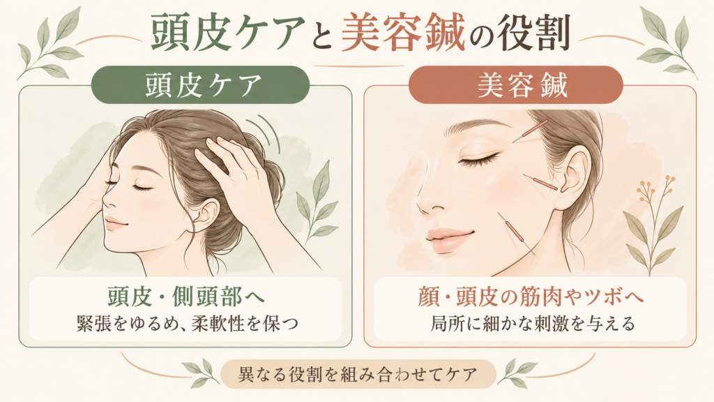 頭皮の緊張をゆるめる頭皮ケアと、顔や頭皮へ細かな刺激を与える美容鍼の役割を比較したイラスト