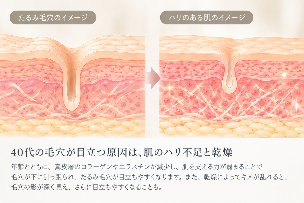 たるみ毛穴とハリのある肌を比較した皮膚の断面イラスト。毛穴の形と真皮の弾力繊維の違いを表現。