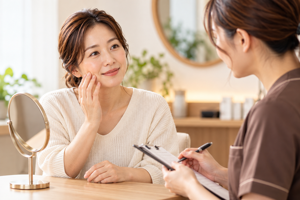 施術前に肌の悩みについてカウンセリングを受ける女性