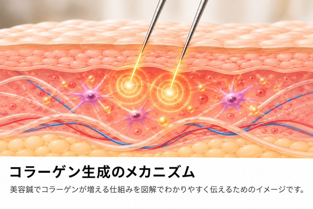 美容鍼の鍼が皮膚に刺さり、真皮層に刺激を与える様子を表現したコラーゲン生成の模式図。