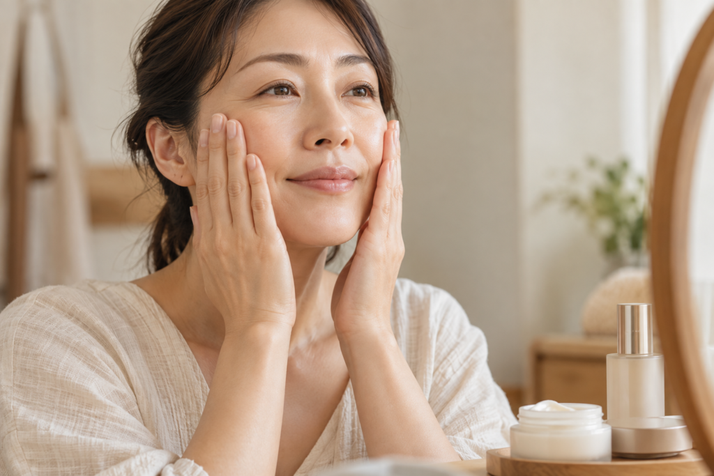保湿剤をつけた両手で、頬をこすらず優しくハンドプレスする40代女性
