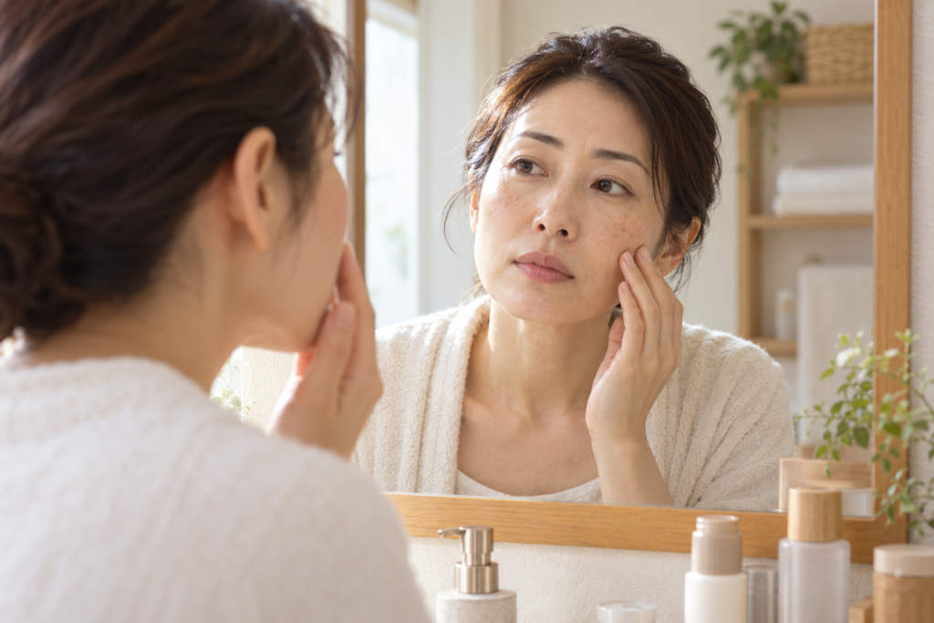 鏡を見ながら頬のシミや色むらを確認する40代女性