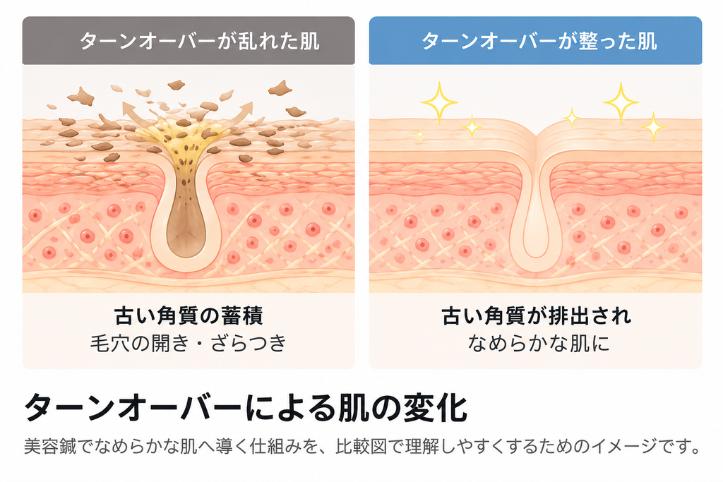 古い角質が蓄積して毛穴が目立つ肌と、角質が排出されキメが整った肌を比較した断面イラスト。