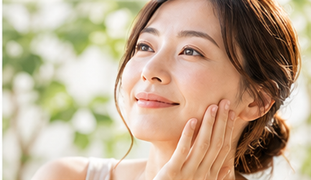 頬に優しく手を添える40代女性。年齢とともに気になる毛穴や肌のハリをイメージした写真。