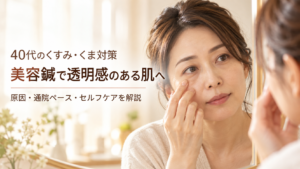 鏡を見ながら目の下のくまや顔のくすみを確認する40代女性と、美容鍼の記事タイトルを掲載したアイキャッチ画像