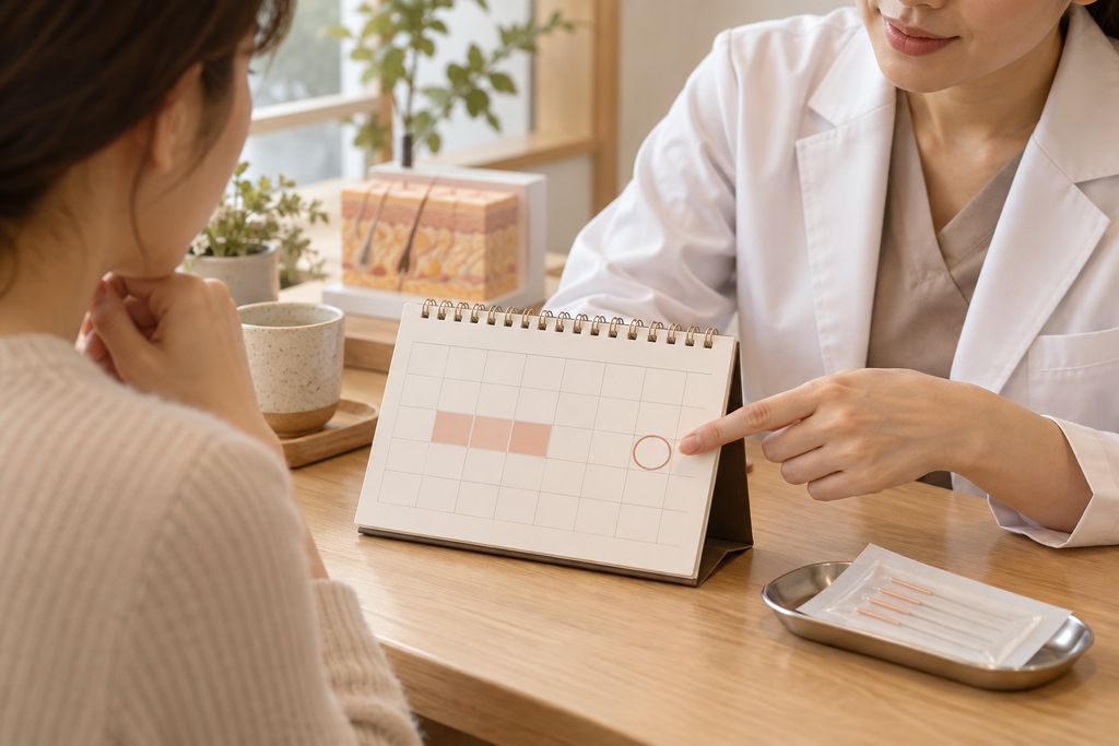 カレンダーを使い、レーザー後の回復期間と美容鍼を受ける時期について相談する女性
