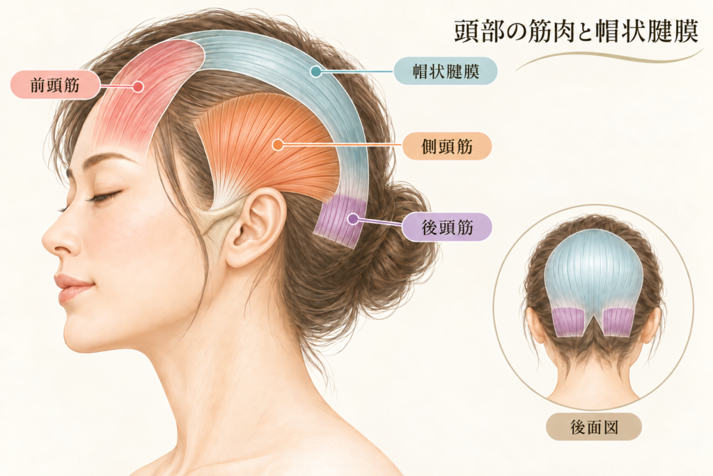 頭皮、側頭部、表情筋、フェイスラインのつながりを示した女性の頭部イラスト