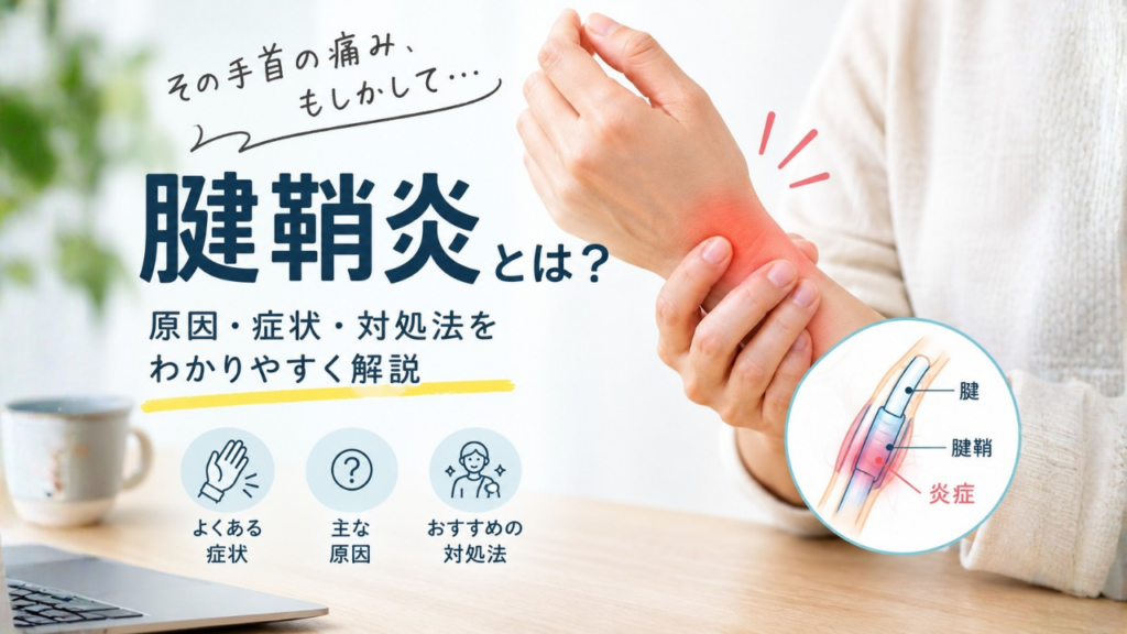 手首を押さえて痛みに耐える女性の写真と『腱鞘炎とは？原因・症状・対処法を分かりやすく解説』の文字が入ったアイキャッチ画像