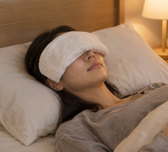 ホットタオルを目元に乗せて眼精疲労を軽減している様子。